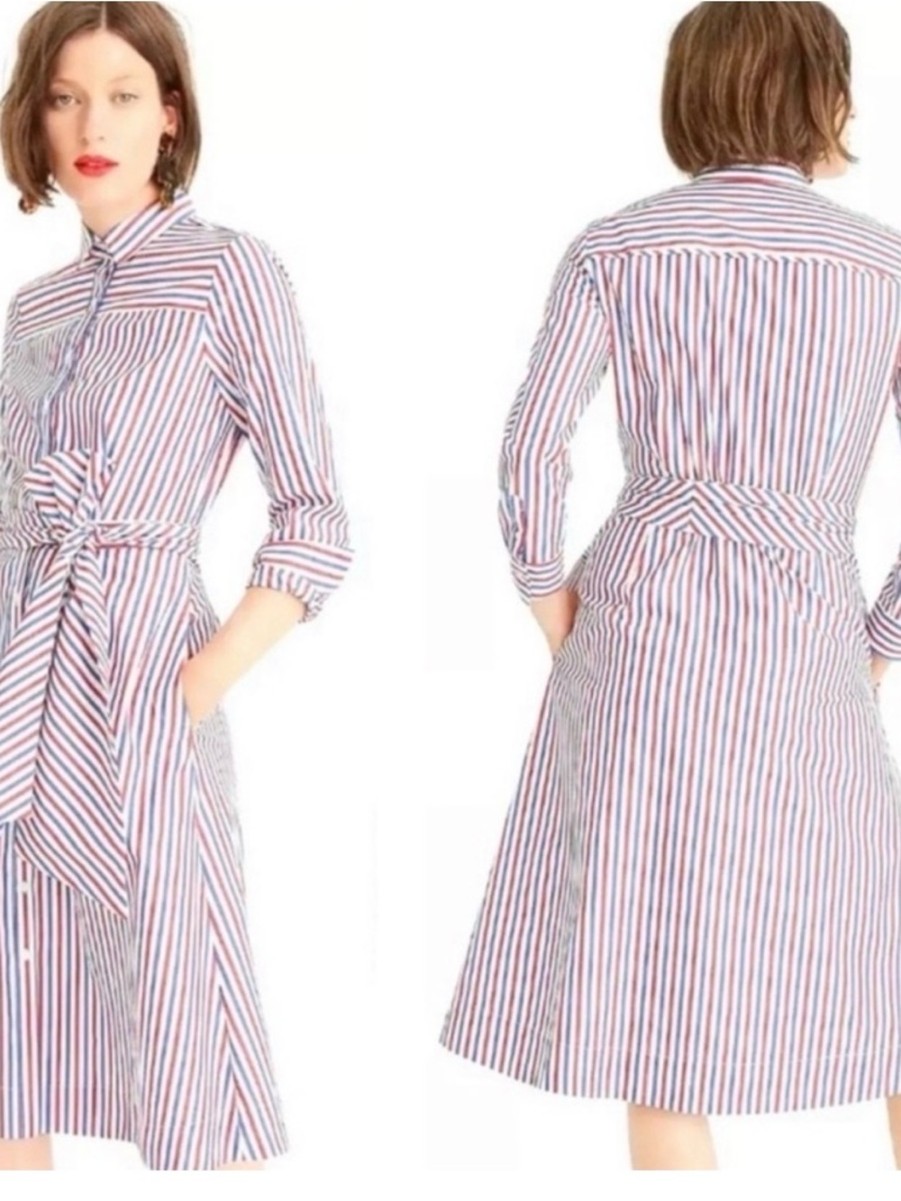 J Crew Striped Tie-Waist Shirt Dress in Red, White & Blue Size 6